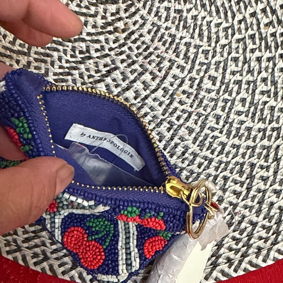 Anthropologie Beaded Floral Card Holder with Keychain - Blue, Red, White - Picture 3 of 5